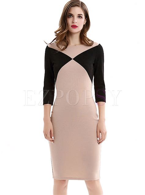 Dresses Bodycon Dresses Hit Color Three Quarters Sleeve Bodycon Dress