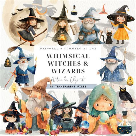 Wizard and Witch Watercolor Clipart, Commercial Use, Magic School Clip Art, Wands, Halloween ...