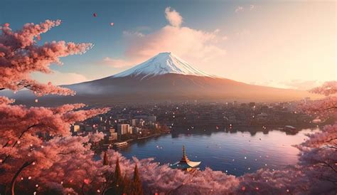 Premium AI Image | mt fuji with cherry blossoms on a sunrise in the ...