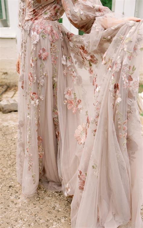 Boho Colorful Floral Lace Bridal Gown With Blouson Sleeves