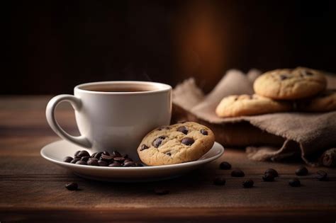 Una Taza De Caf Y Una Galleta Con Chispas De Chocolate En Un Plato