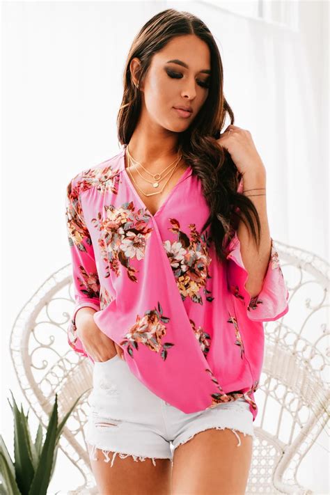 Indie Beats Floral Surplice Top Hot Pink Surplice Top Hot Pink