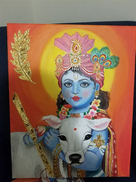 Buy Krishna With Cow Oil Painting, Wall Decor, Hindu God Art, Indian ...