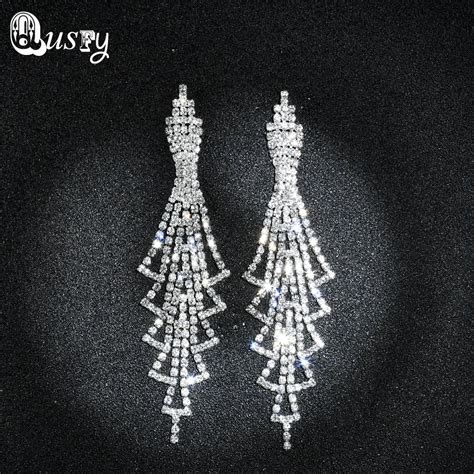 Women Trendy Long Silver Color Crystal Drop Dangle Earrings Long Drop