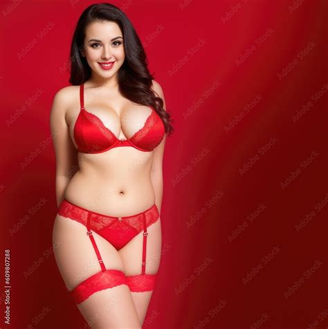 Plus Size Fashion Model In Red Underwear Fat Sexy Woman In Lingerie On Red Background Body