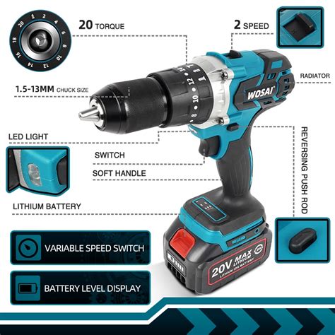 Wosai 20v Brushless Electric Drill 20 Torque 115nm Cordless Screwdriver