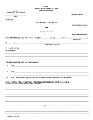 Fillable Online Ontariocourtforms On Form 1 NOTICE OF APPLICATION