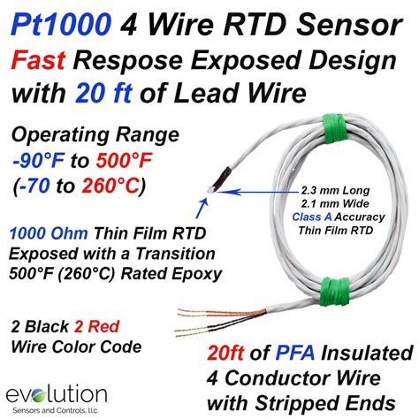 PT1000 4 Wire RTD Temperature Sensor Exposed with 20ft of Lead Wire ...