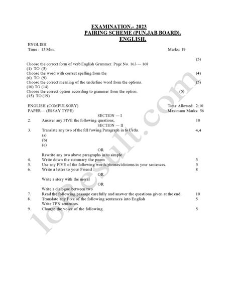 Pairing Scheme Of Th Class English Punjab Board Lo Result