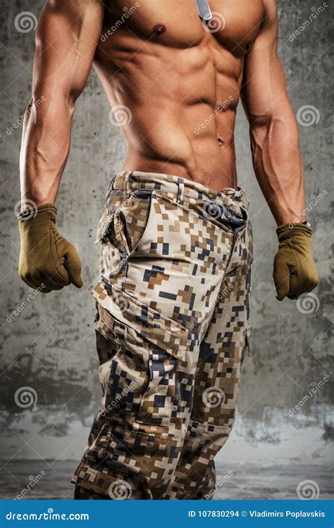 Man In Army Pants And Naked Body Stock Photo Image Of Military Masculinity