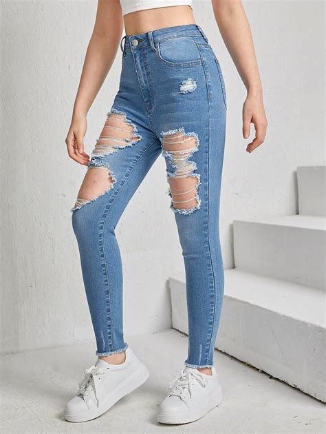 Shein Teen Girl Ripped Raw Hem Jeans Shein Usa