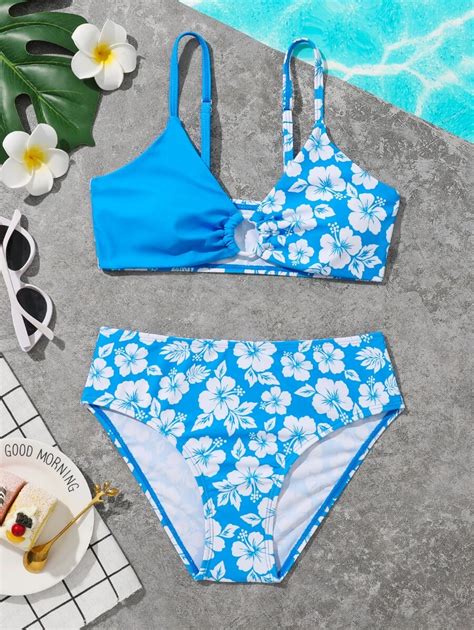 Girls Floral Print Ring Linked Bikini Swimsuit SHEIN UK