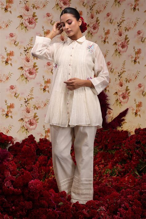 Buy Ivory Chanderi Silk Embroidered Floral Flared Top And Pant Set For