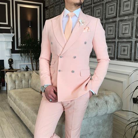 Men Suits Light Pink Piece Double Breasted Slim Fit Elegant Formal