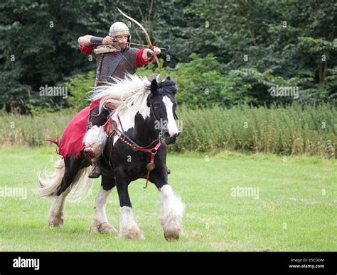 A demonstration of typical Imperial Roman cavalry weapons and tactics given at the site of ...