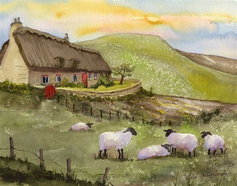 Irish Thatched Cottage Ireland Watercolor Landscape Sheep Cottage