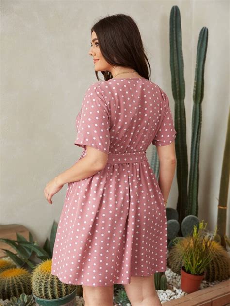 Plus Polka Dot Surplice Front Belted Dress Shein Usa