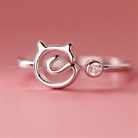 925 Sterling Silver Cute Cat Adjustable Ring Womens Mens Girls Ts