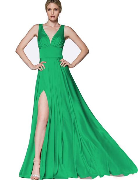 Loverkiss Deep V Neck Prom Dresses With Slit Satin Long Formal Evening