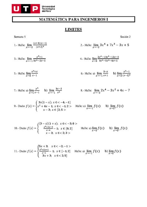 S05 s2 Practica de Ejercicios MATEMÁTICA PARA INGENIEROS I LIMITES