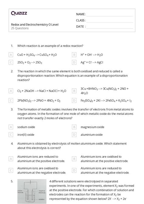 Redox Reactions And Electrochemistry Worksheets For Th Year On