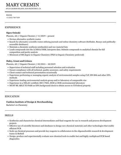 Organic Chemist Resume Samples Velvet Jobs