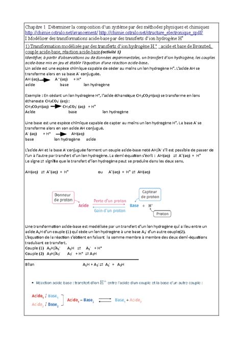 Compétences chapitre 1 Modélisation des transformations acide base