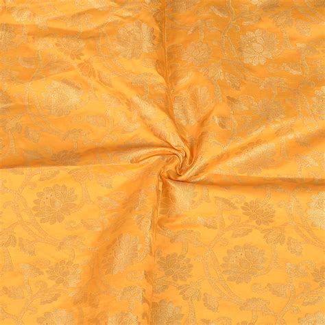 Buy Yellow And Golden Flower Design Two Tone Pure Banarasi Silk Fabric 8402