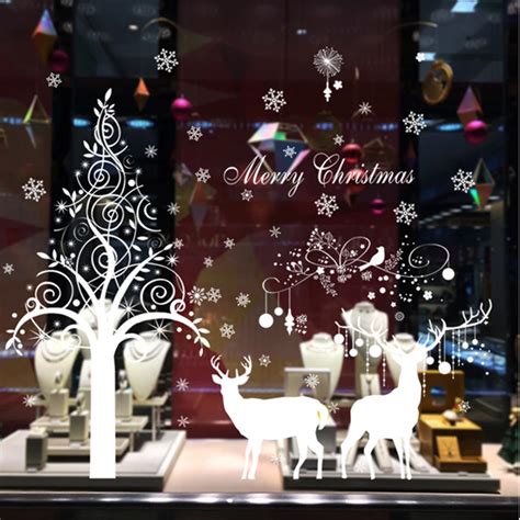 Christmas Tree Reindeer Large Wall Stickers For Window Glass Diy Snowflake Wall Decal Home Decor