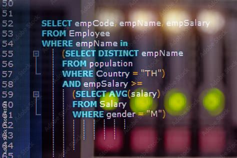 Close Up Photo From A Computer Screen Sql Structured Query Language Code And Server Room