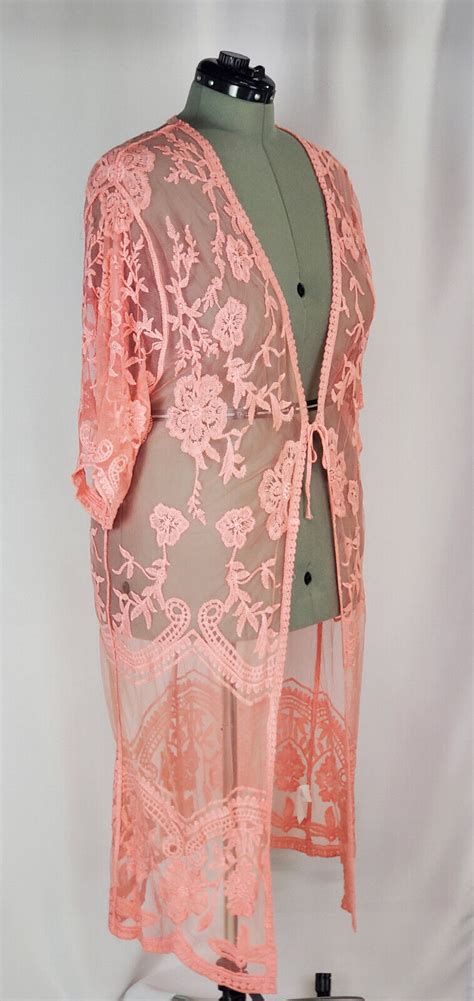 Coral Pink Boudoir Robe Sheer Lace Duster Cardigan Fl… Gem