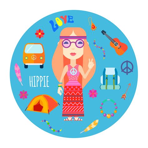 Hippie Character Accessories Flat Round Illustration 483899 Vector Art ...