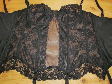 Vintage Sexy Black Lace Net 4 Strap Suspender Basque Garter Cami UK 34C