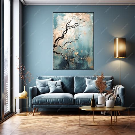 Premium AI Image | a living room with a blue wall and a painting of a ...