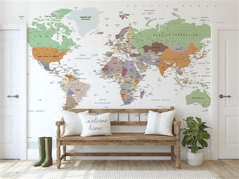 Political World Map Wallpaper Peel and Stick | Soft Map Wall Murals