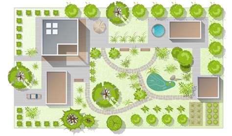 Premium Vector | Top view landscape design plan with house courtyard ...