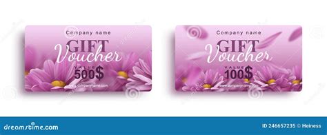 Set Of Gift Vouchers With Realistic Pink Chrysanthemum Flowers Stock