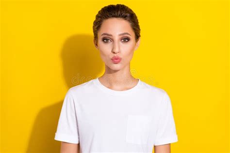 Photo Of Funky Brown Short Hairdo Young Lady Blow Kiss Wear White T