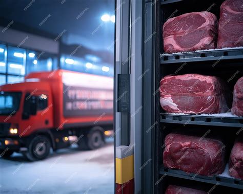 Frozen Meat Loaded on Shelves Inside a Refrigerated Truck Arriving at a
