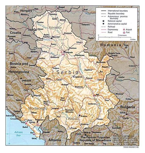 Detailed political map of Serbia and Montenegro with relief - 1995 ...