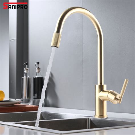 Sanipro 304 Stainless Steel Hot Cold Water Tap Sink Taps Mixers Gold Pull Down Sprayer Kitchen