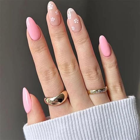 Amazon DEWJDFSC Medium Press On Nails Nude Pink White Flower Almond Shapes Pcs