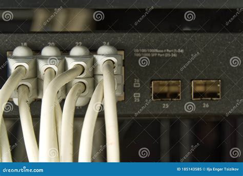 Network Switch And Ethernet Cable In Rack Cabinet Network Connection Technology Thrue Cat6 And