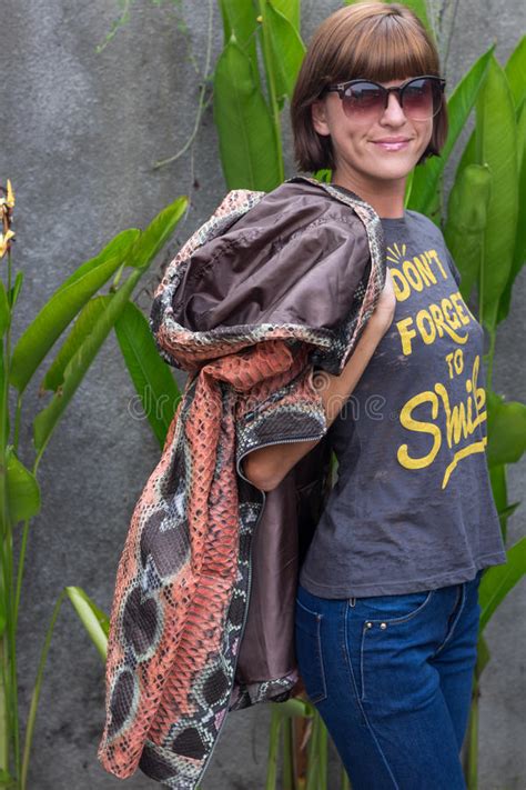 Portrait Of Beautiful Woman Brunette Hair Wear Fashion Luxury Snakeskin Python Coat Bali Island