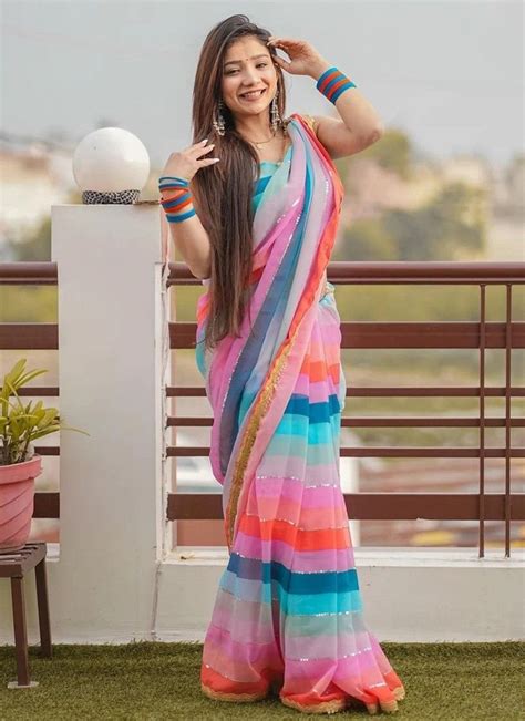 Multi Color Georgette Leheriya Printed Sequins Saree Techstenant