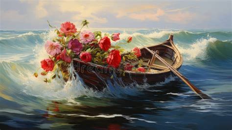 Romanticized Realism: a Surreal Boat Journey with Flowing Flowers Stock ...