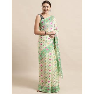 Buy Meia Cream Coloured Green Silk Cotton Woven Design Jamdani Saree