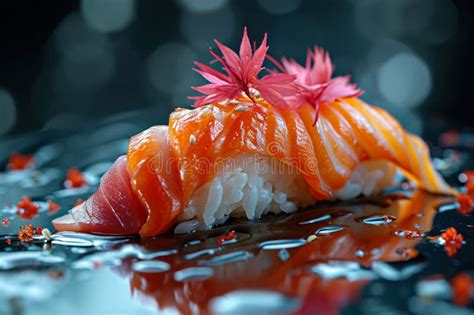 Sushi Nigiri With Salmon On Reflective Surface Stock Image Image Of