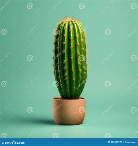 Realistic Cactus In Green Pot On Blue Background Stock Illustration