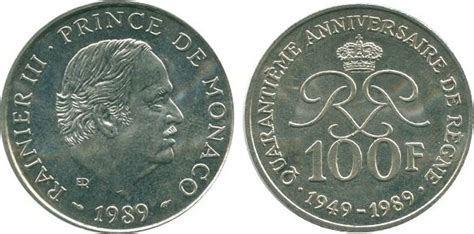 1989 100 Francs Rainier III Monaco Argent SUP BU MA Shops